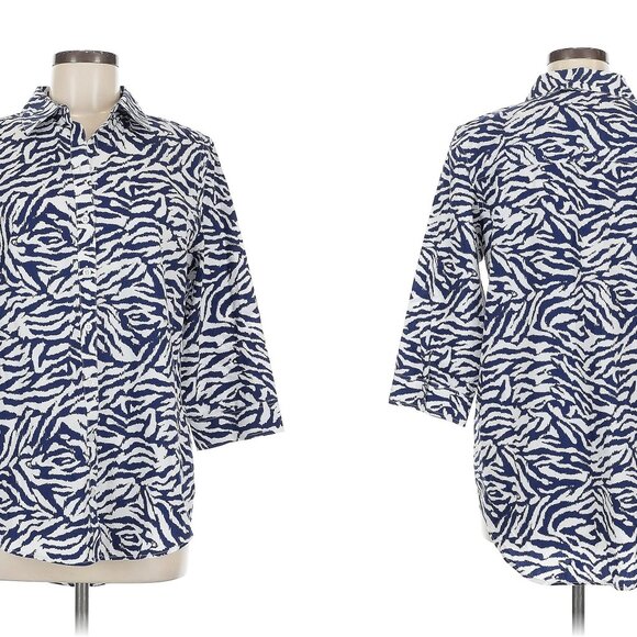 CHICO'S no-iron cotton shirt in blue zebra (2/US12) - Picture 1 of 15